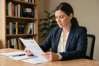 Femme consultant des documents bancaires sur un livret d'épargne à son bureau à domicile