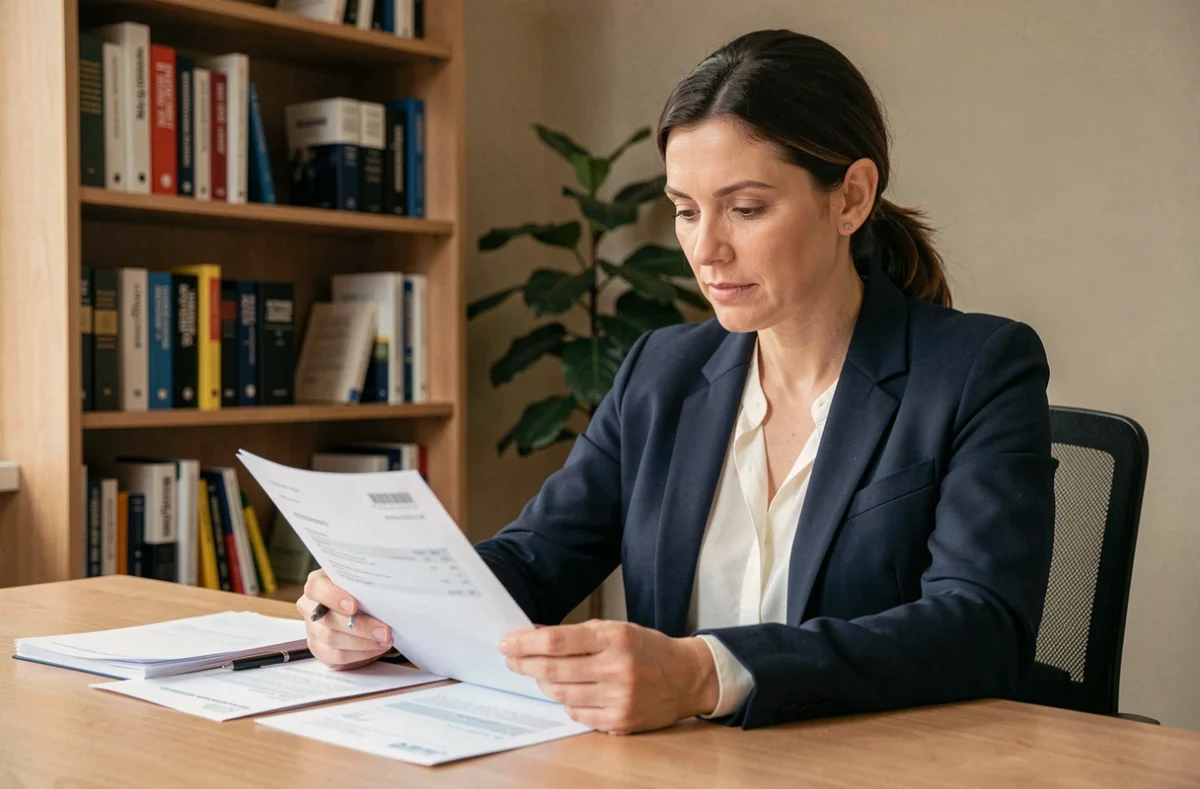 Femme consultant des documents bancaires sur un livret d'épargne à son bureau à domicile