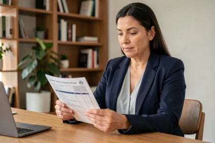 Femme de 40 ans consultant un contrat de mutuelle santé à son bureau à domicile