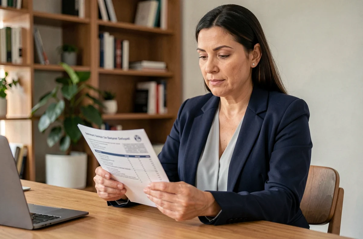 Femme de 40 ans consultant un contrat de mutuelle santé à son bureau à domicile