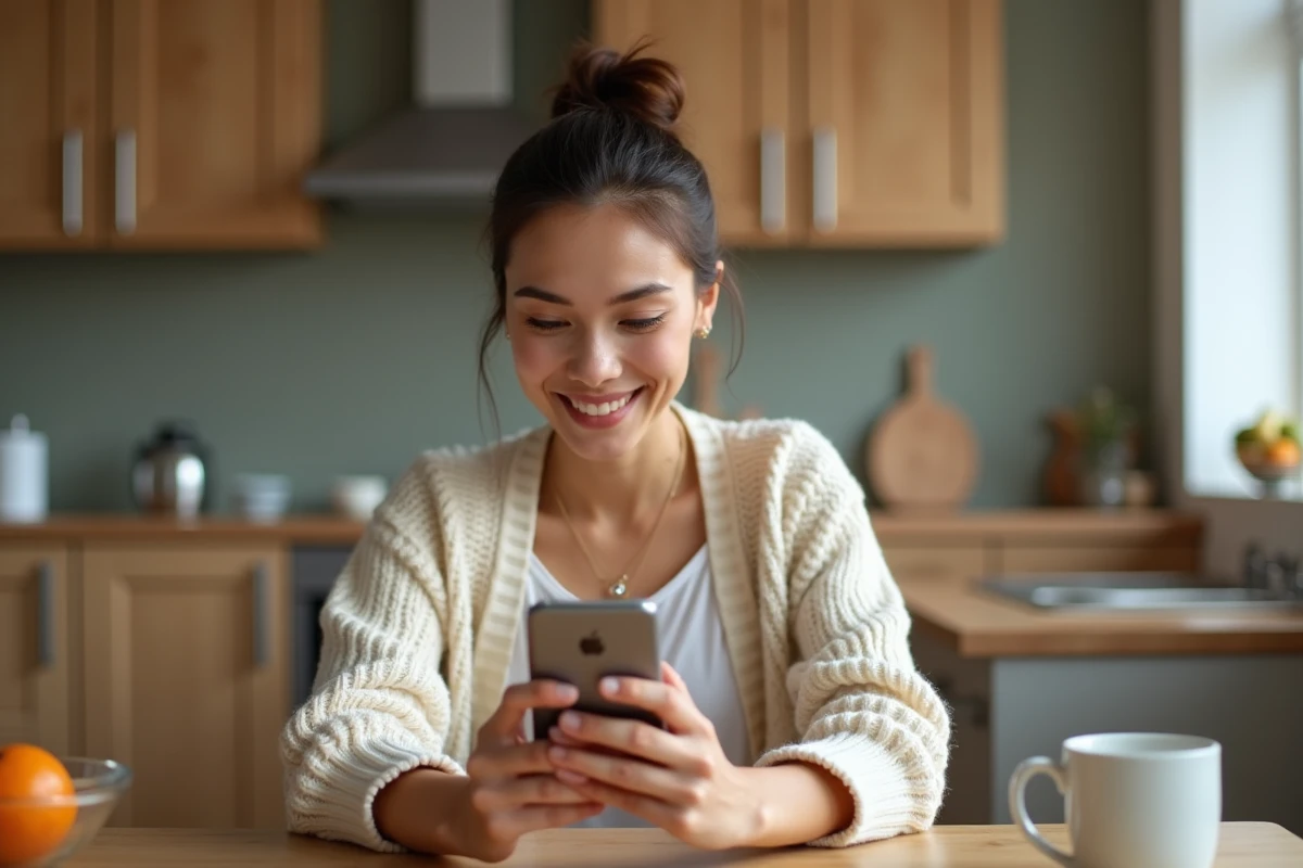 Jeune femme vérifiant ses options crypto avec son smartphone à la maison