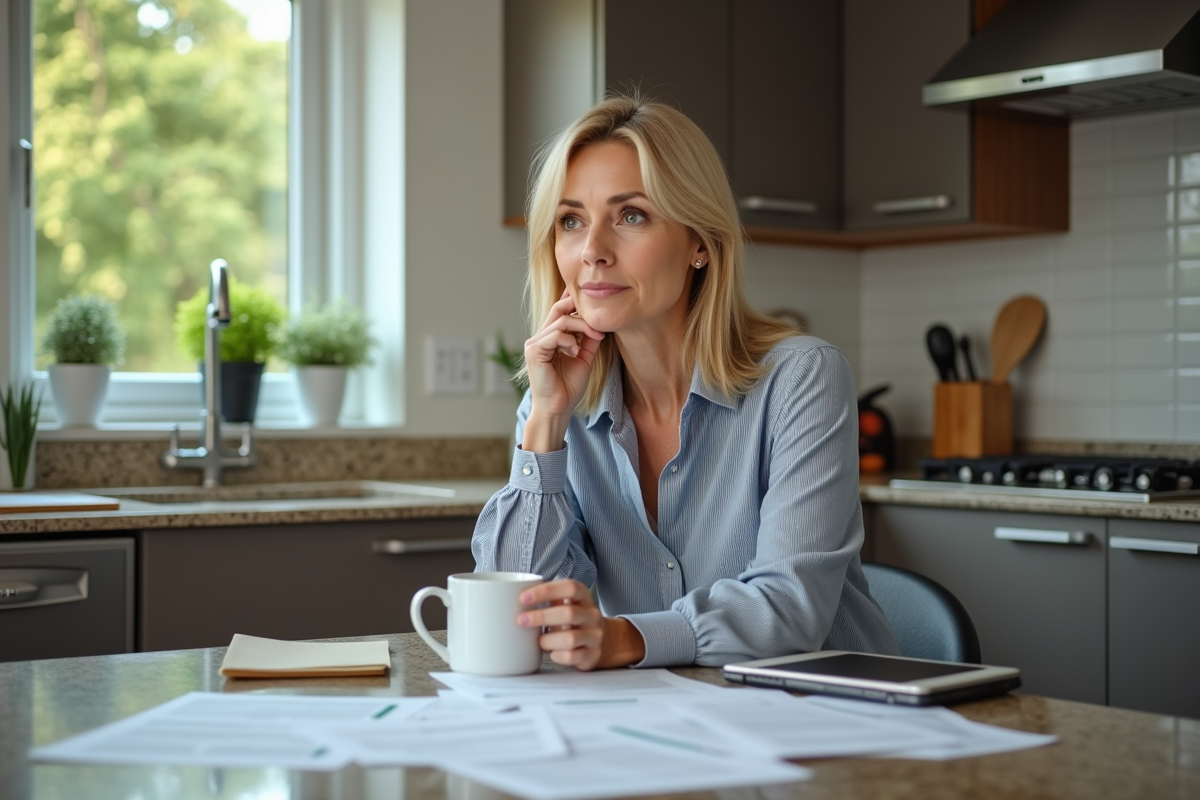 Femme d'âge moyen dans une cuisine moderne et ordonnée