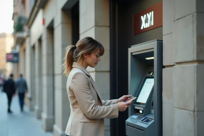 Femme utilisant un distributeur automatique de billets en milieu urbain pour calculer ses retraits bancaires