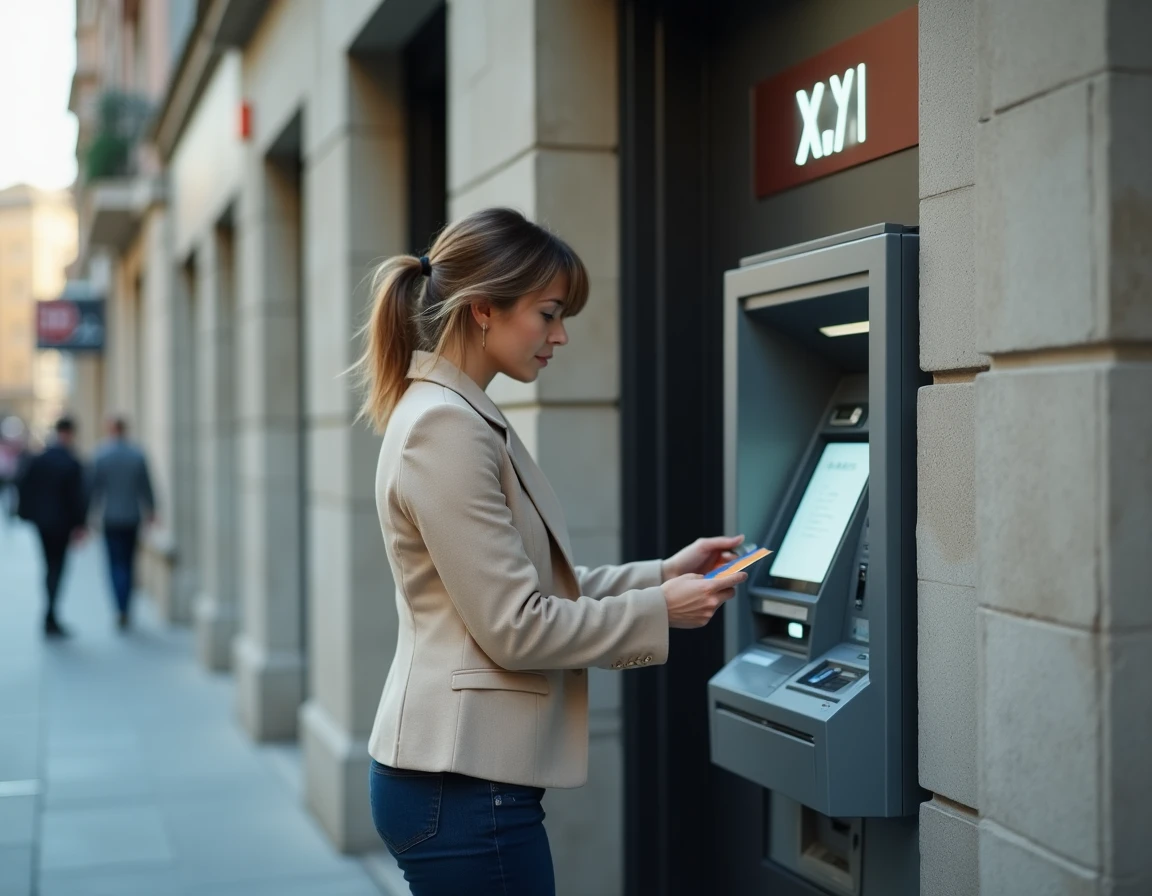 Femme utilisant un distributeur automatique de billets en milieu urbain pour calculer ses retraits bancaires