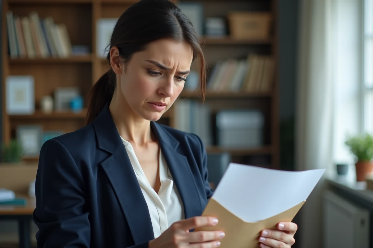 Femme préoccupée examinant un document officiel de recouvrement de créances dans un bureau à domicile