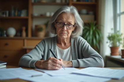 Femme d'âge mûr examinant des documents de tutelle juridique à une table de cuisine en bois, stylo à la main