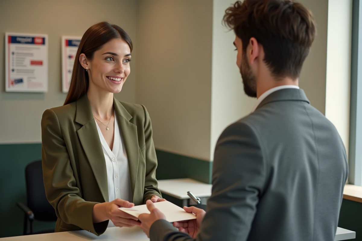 Femme envoyant une lettre de résiliation d'assurance en recommandé dans un bureau de poste
