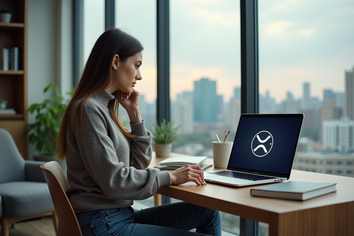Femme assise à son bureau étudiant le logo XRP sur son ordinateur