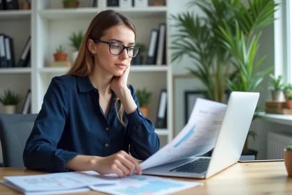 Femme professionnelle examine documents financiers dans un bureau moderne