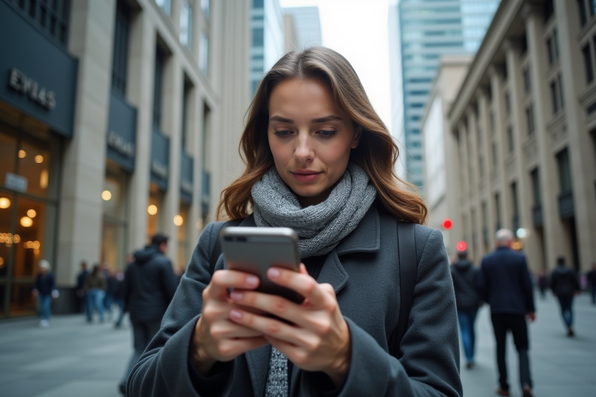 Jeune femme regardant des nouvelles boursieres sur son smartphone