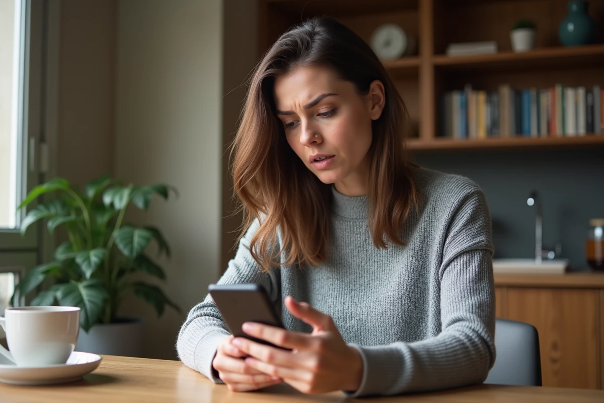 Femme frustrée consultant son smartphone avec un message d'erreur de l'application Caisse d'Épargne