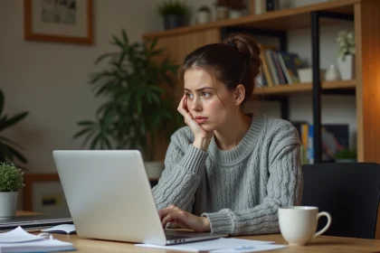 Jeune femme frustrée devant son ordinateur portable en train de gérer son compte cashback Egraal