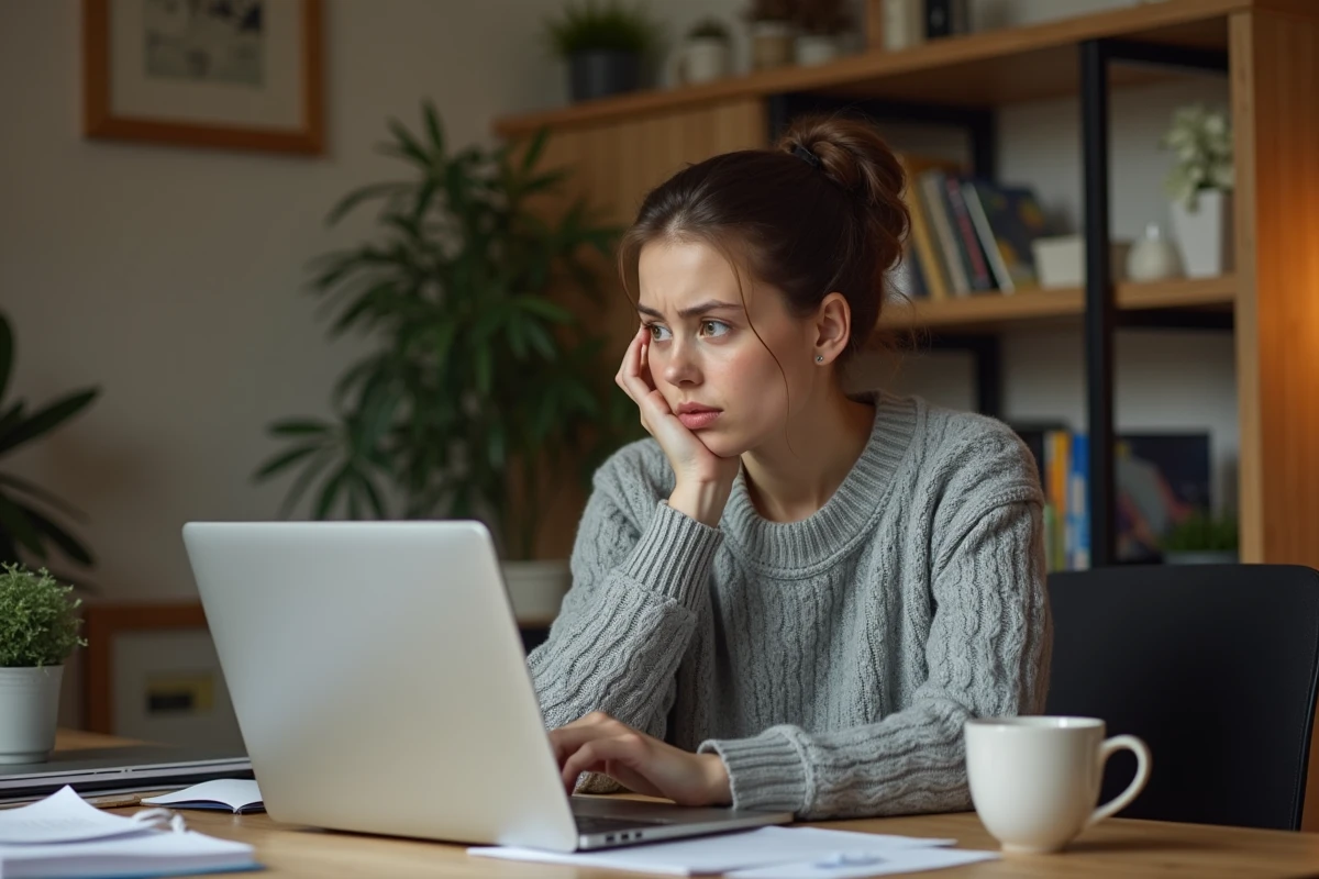 Jeune femme frustrée devant son ordinateur portable en train de gérer son compte cashback Egraal