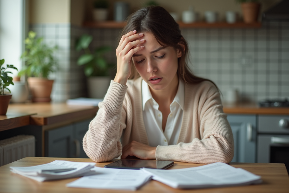 Femme pensant avec factures dans une cuisine chaleureuse