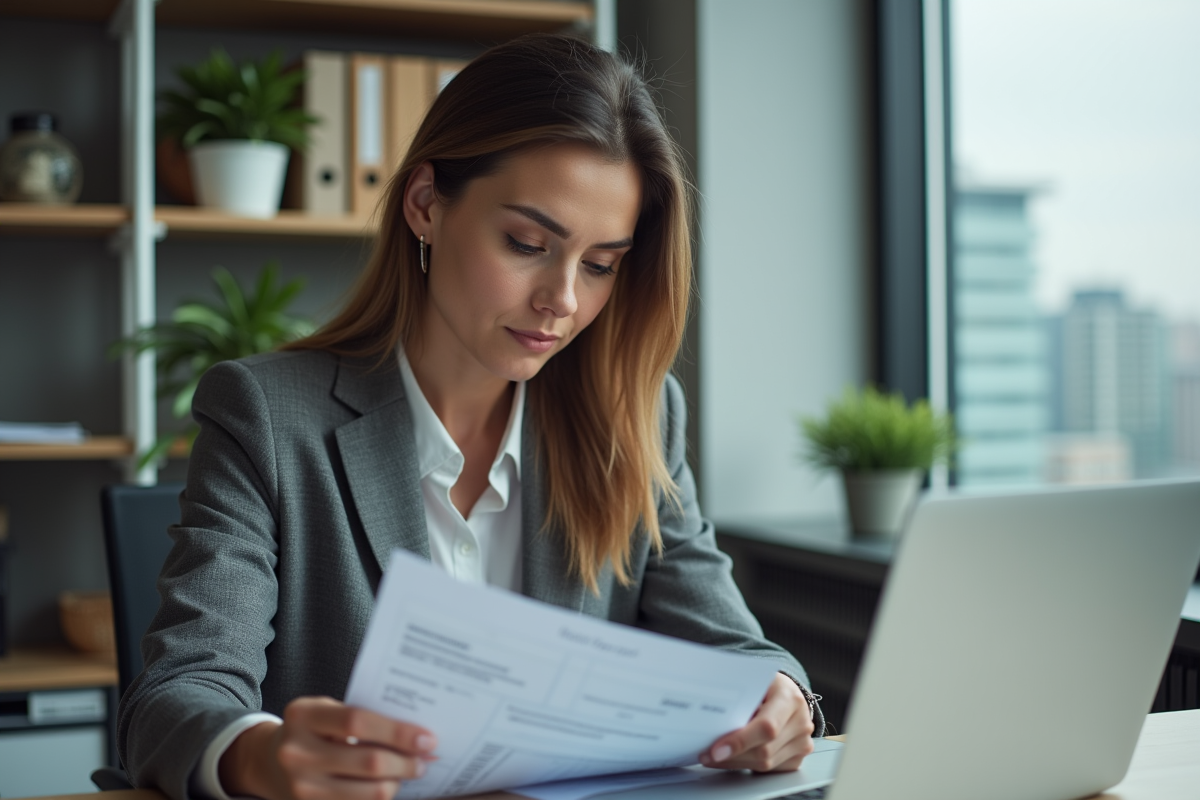 Femme d affaires examinant des documents de pret