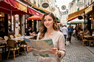 Jeune femme consultant un guide de quartier devant un marché de rue européen avec des terrasses de café et des pavés en pierre