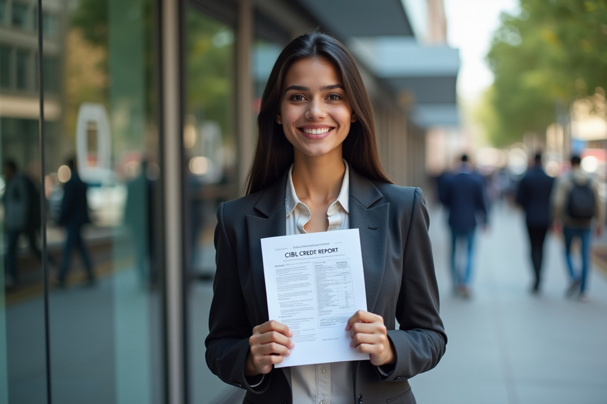 Jeune femme indienne avec rapport de credit dans un environnement urbain