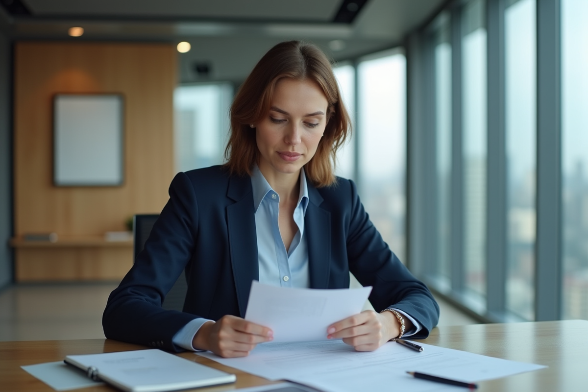 Femme professionnelle en bureau examinant des documents d investissement