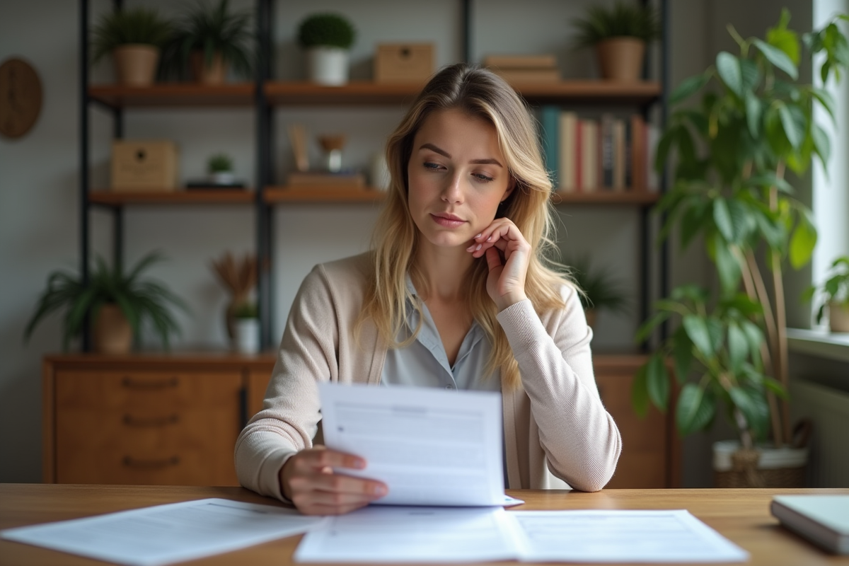 Femme lisant des documents à la maison dans un cadre calme