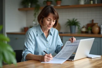 Femme d'âge moyen lisant un relevé bancaire Crédit Agricole