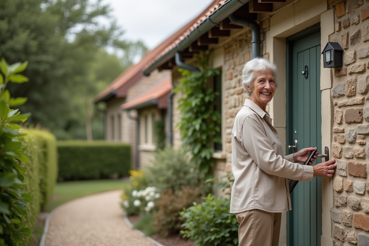 Femme âgée souriante verrouillant une maison de campagne en pierre