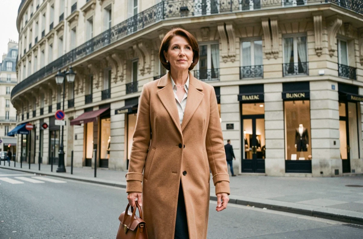 Femme de médias élégante marchant sur un boulevard haussmannien parisien, symbole de réussite financière et notoriété médiatique