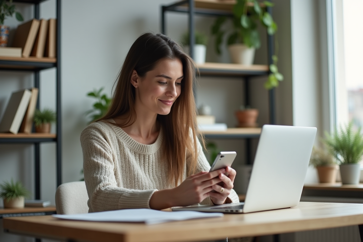 Femme concentrée utilisant smartphone et ordinateur pour investir