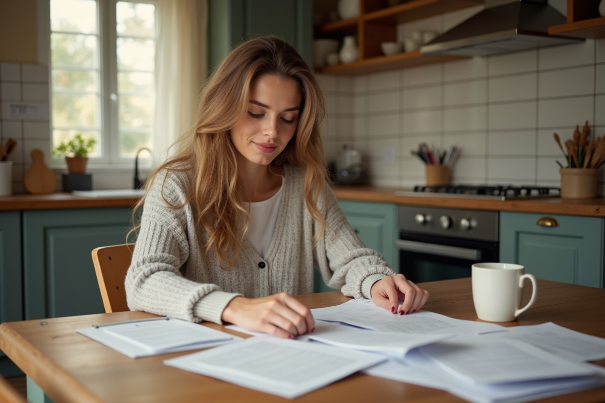 Jeune femme française organisant ses papiers à la maison