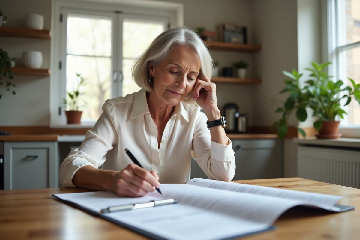 Femme mature examine documents d'assurance à la maison
