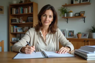 Femme d'une quarantaine remplit des papiers officiels à la maison