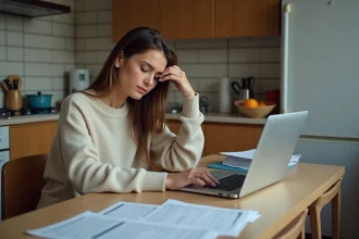 Femme lisant un formulaire gouvernemental dans sa cuisine