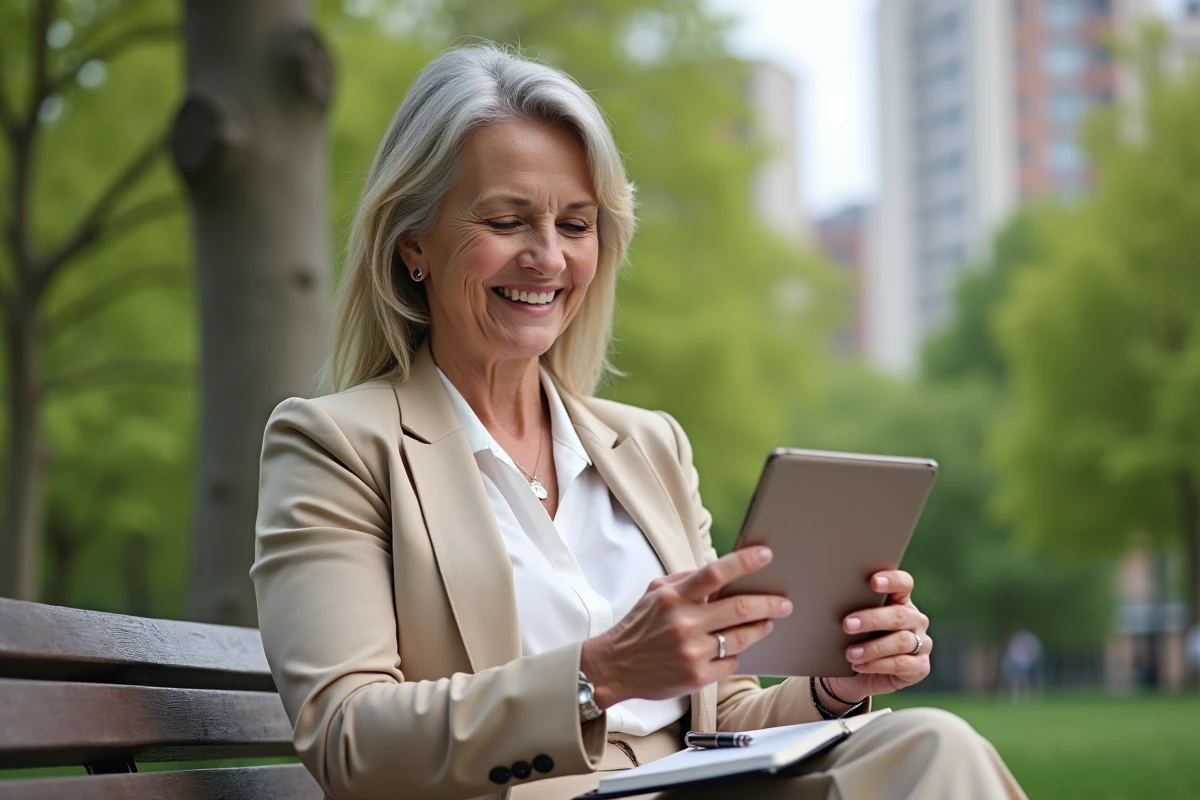 Femme assise dans un parc vérifiant sa tablette avec un sourire serein