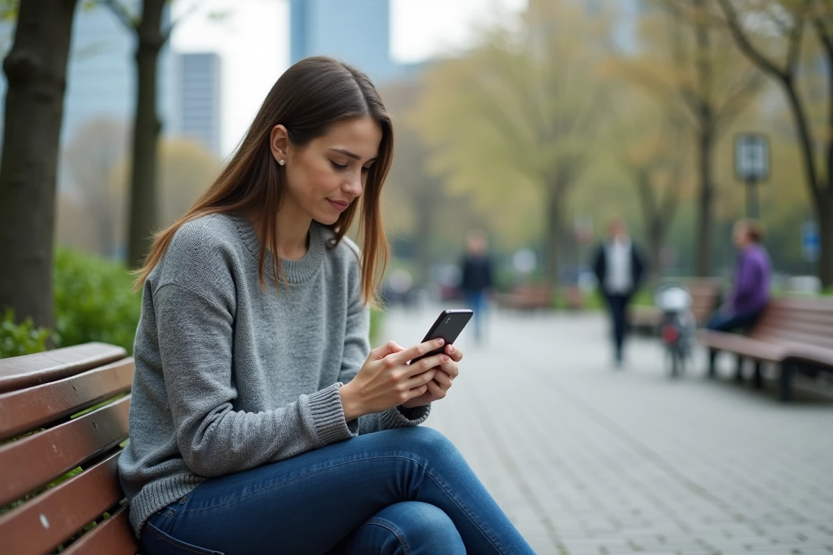 Jeune femme utilisant son smartphone dans un parc en ville
