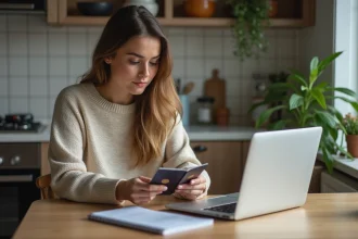 Jeune femme vérifiant son passeport à la maison