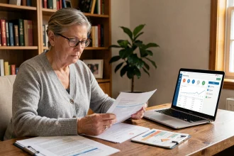 Femme de 50 ans consultant son espace Carpimko pour préparer sa retraite depuis son bureau à domicile