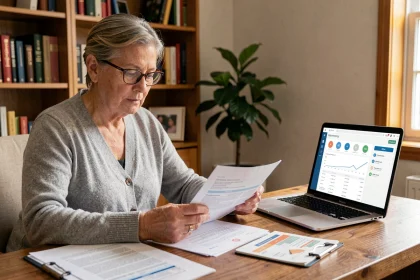Femme de 50 ans consultant son espace Carpimko pour préparer sa retraite depuis son bureau à domicile