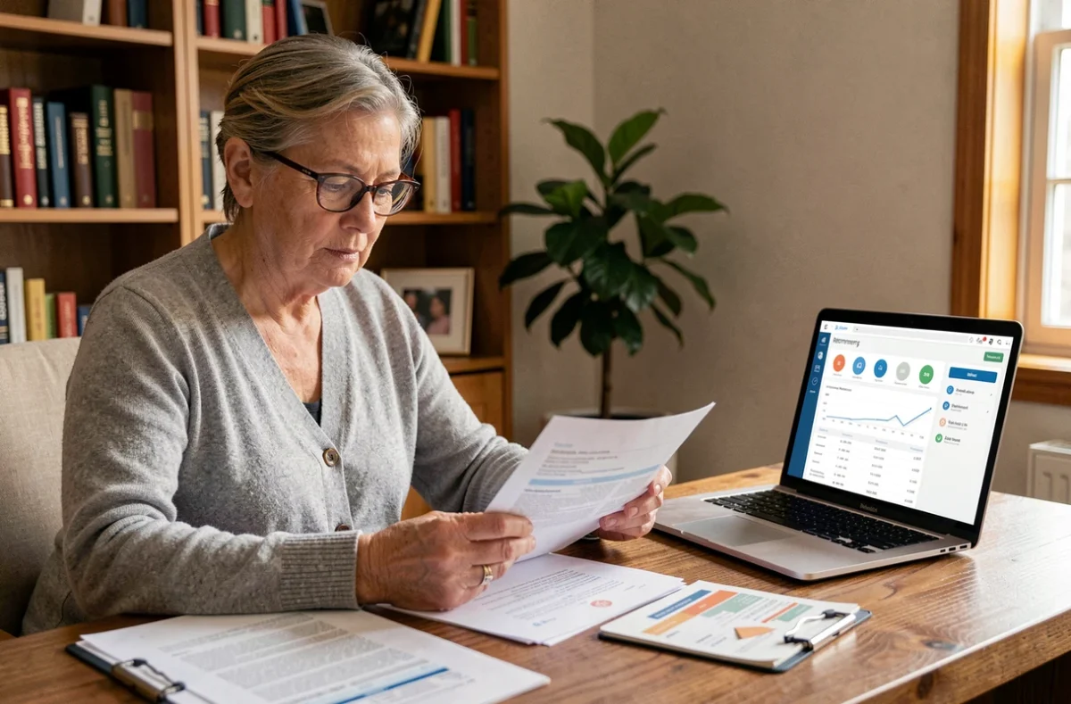 Femme de 50 ans consultant son espace Carpimko pour préparer sa retraite depuis son bureau à domicile