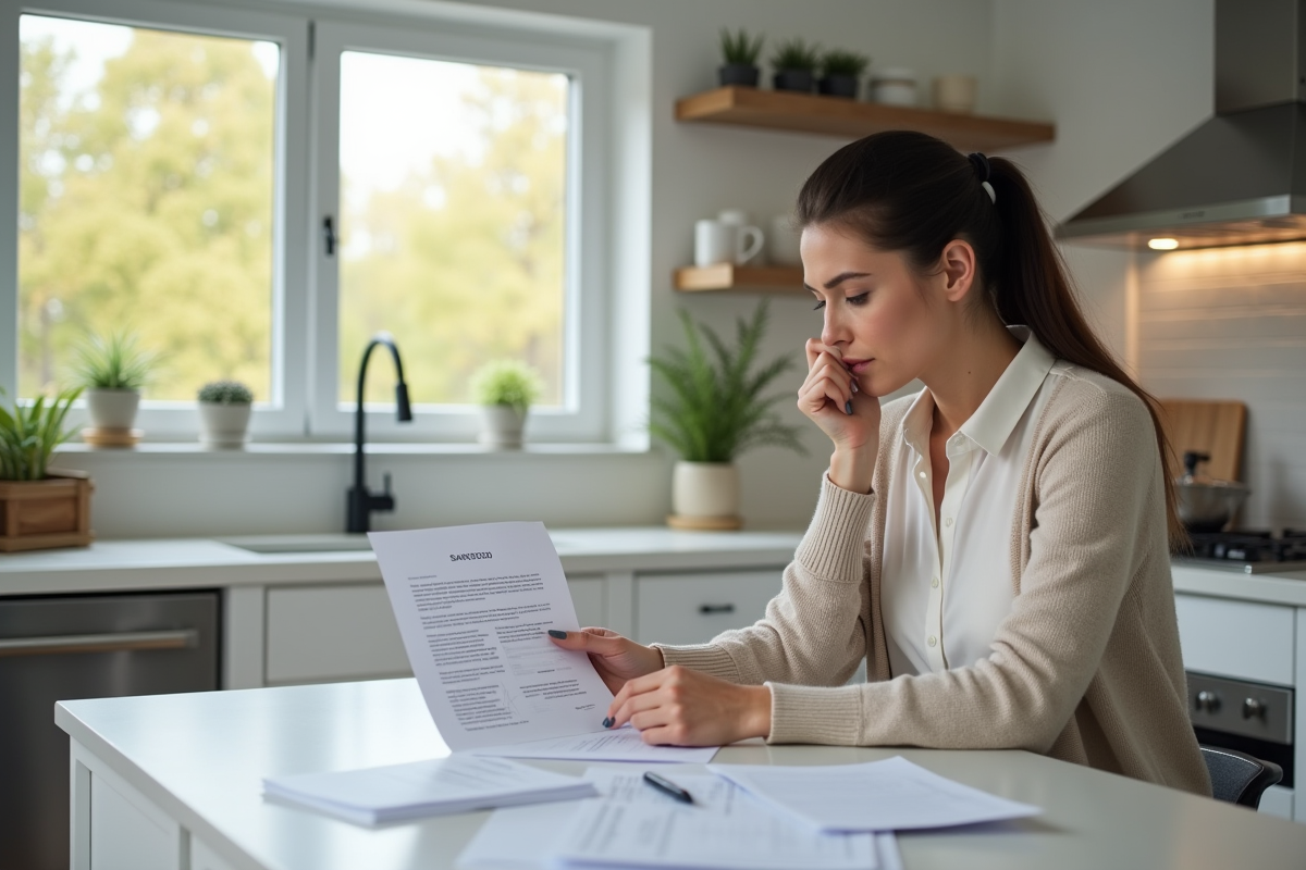 Femme examinant des documents de prêt immobilier à la maison