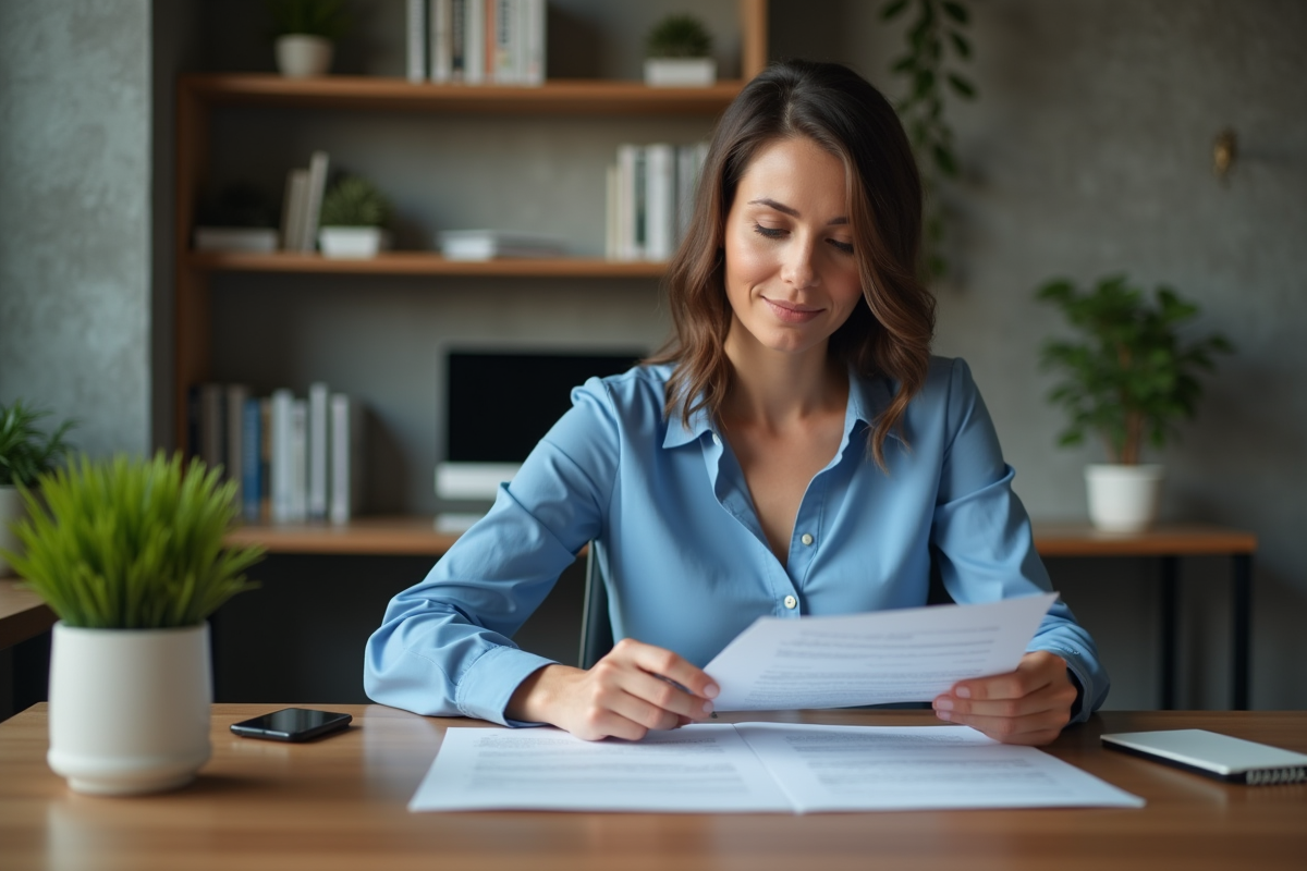 Femme professionnelle examine documents de mortgage