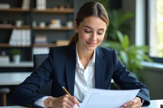 Femme professionnelle lisant un document loi Chatel dans un bureau moderne