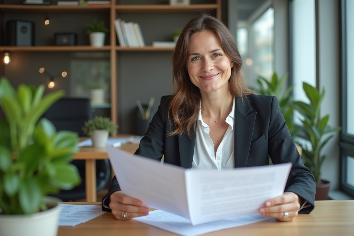 Femme professionnelle en blazer examinant des documents de prêt immobilier