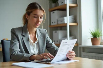 Femme en blazer gris réglant une facture en retard sur son ordinateur portable dans un bureau à domicile