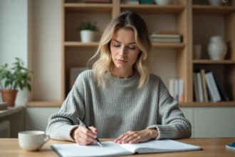 Femme lisant attentivement un document de résiliation d'assurance à son bureau à domicile