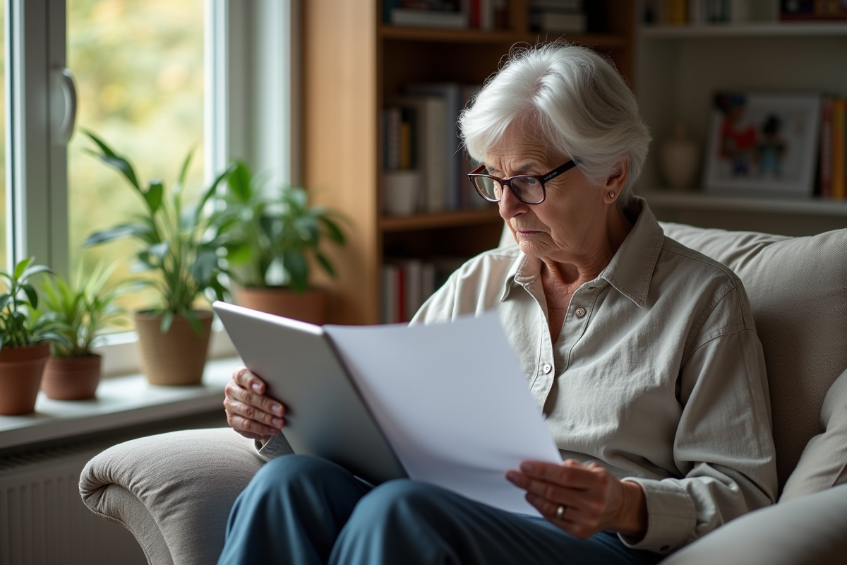 Femme âgée consulte ses documents de retraite