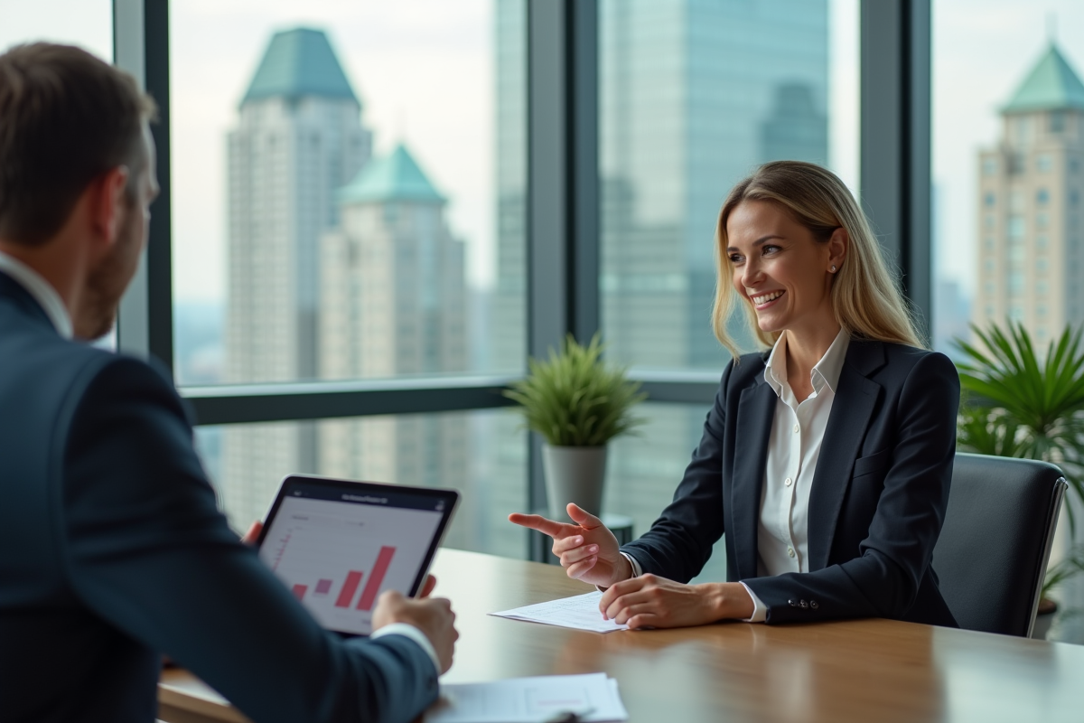 Femme souriante en réunion avec un conseiller financier