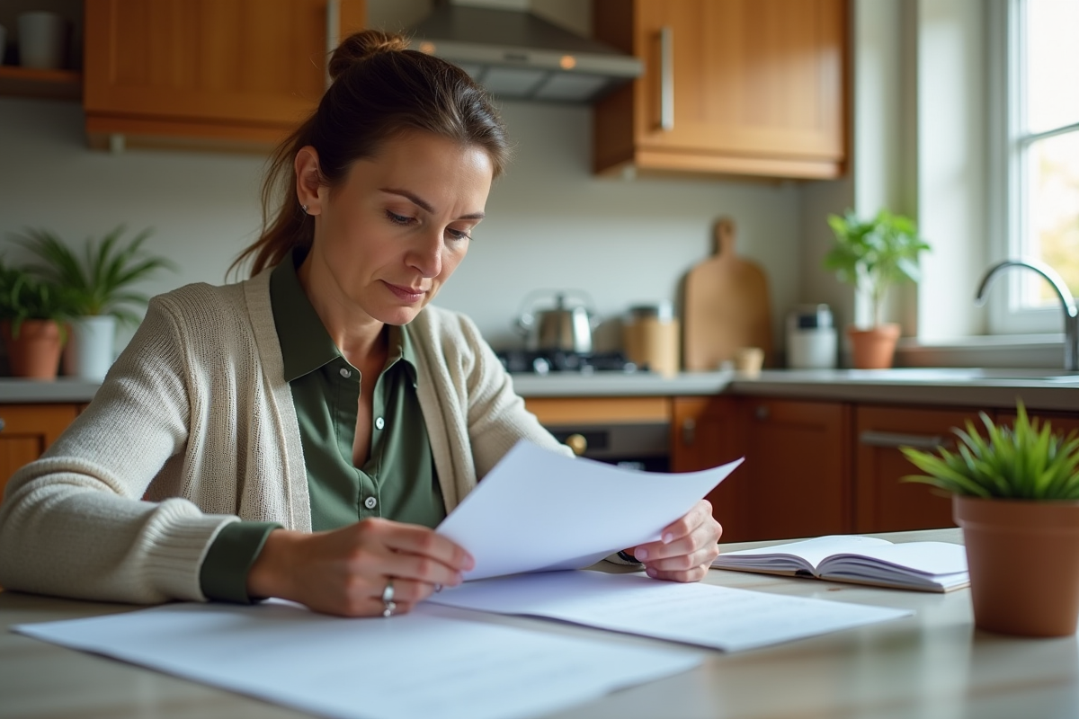 Femme d'âge moyen examine documents de pension à la maison