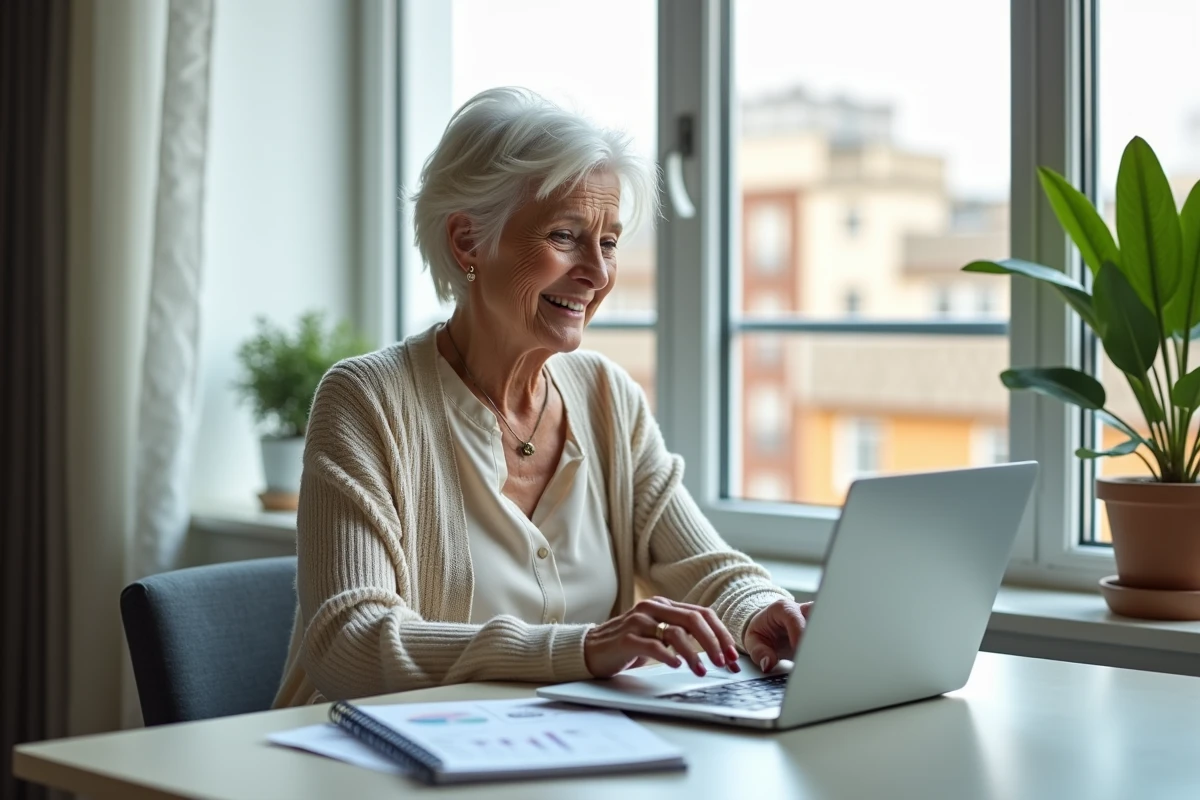 Femme retraitée analysant ses finances sur un ordinateur portable