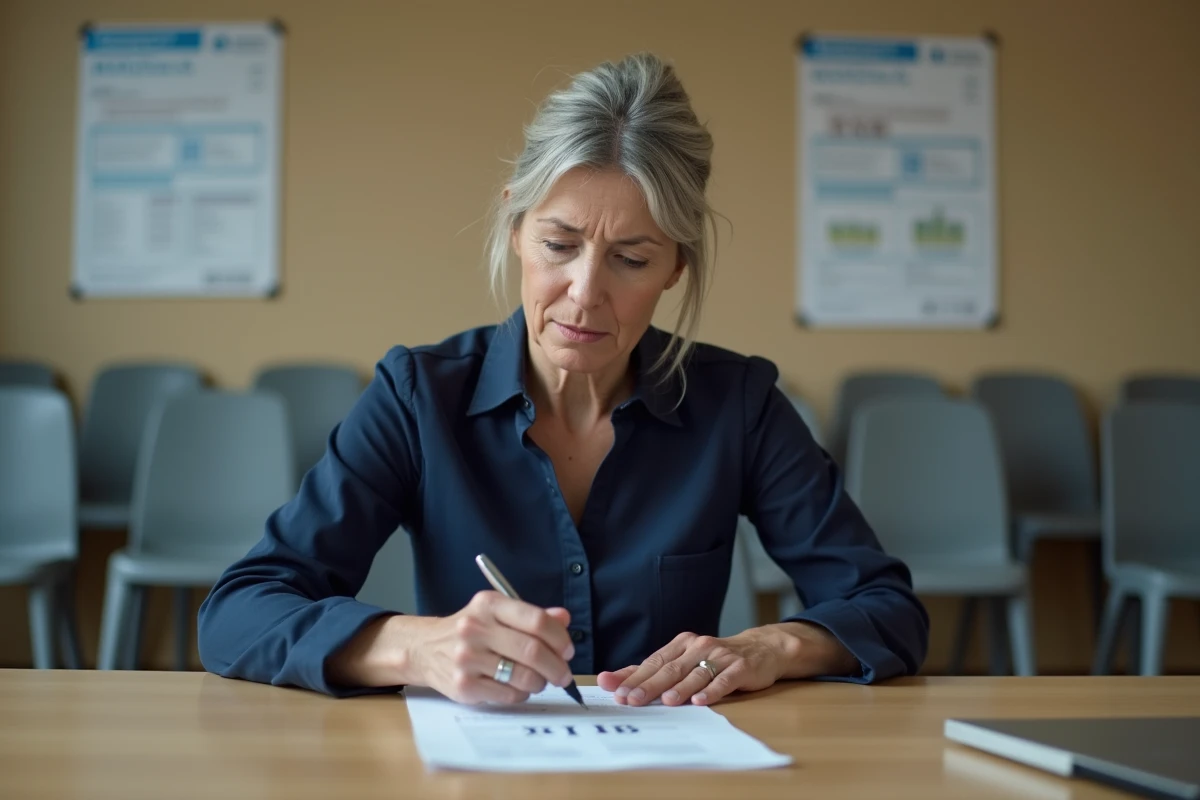 Femme consultant un RIB dans une agence France Travail pour mettre à jour ses coordonnées bancaires