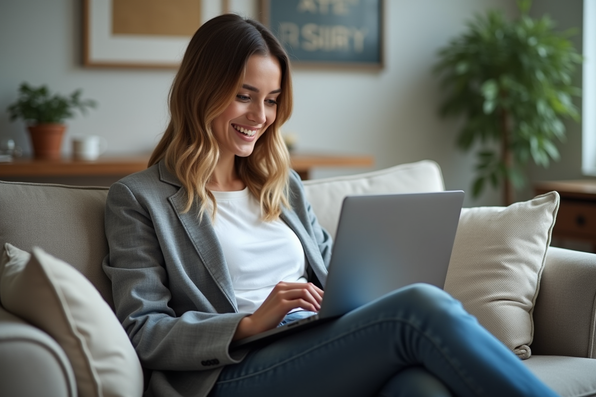 Jeune femme souriante utilise un ordinateur portable dans un salon cosy