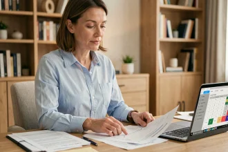 Femme consultant une simulation de crédit Macif sur des documents imprimés à son bureau à domicile